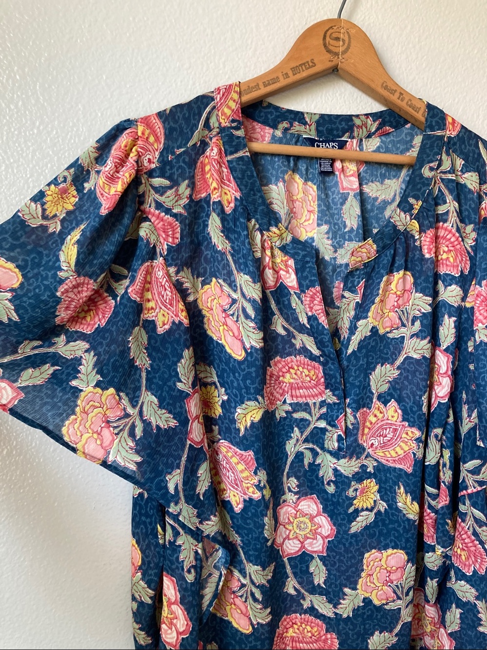 Chaps Ralph Lauren Floral Sheer flutter sleeve popover top sz 2X